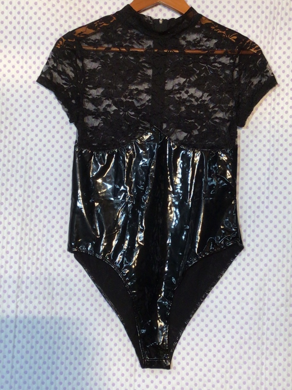 NWOT iEFiEL women's one-piece wet-look lace splice bodysuit